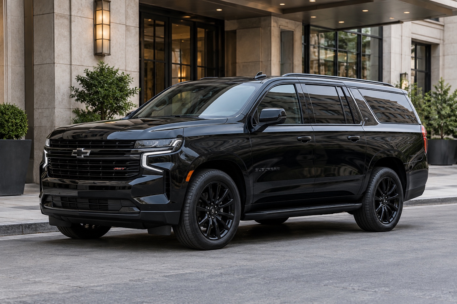 Black Chevrolet Suburban RST at a hotel curb, illustrative image