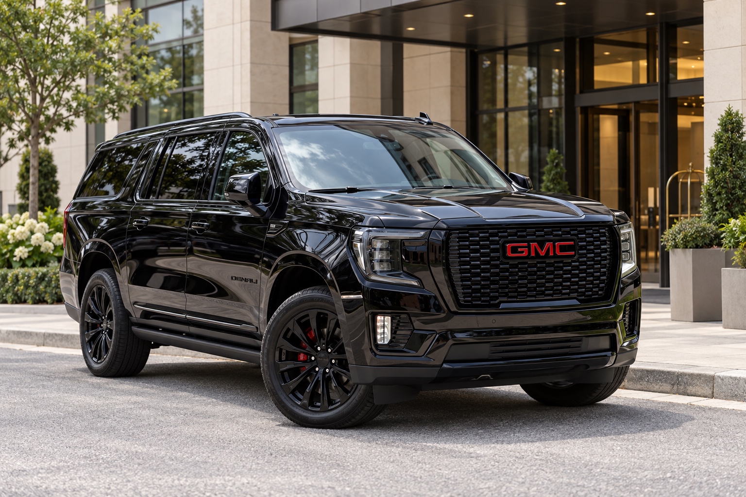 Black GMC Yukon XL Denali with red GMC grille badge parked at a hotel curb